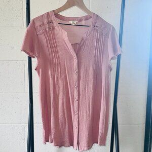 Flower & Feather Pink Lace Detail Blouse Size XL Feminine Soft Top
